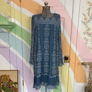 Sundance Embroidered Ruffle Sheer Sleeve Feminine Shift Boho Dress Sz L 🧡🎀